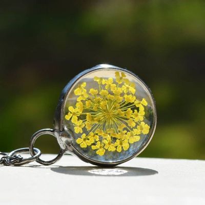 Alternate image for Yellow Queen Annes Lace Necklace Handmade Real Pressed Flower Botanical Glass Pendant