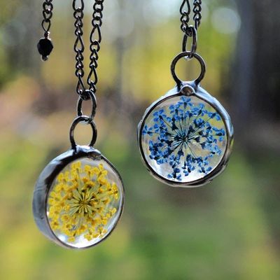 Alternate image for Yellow Queen Annes Lace Necklace Handmade Real Pressed Flower Botanical Glass Pendant