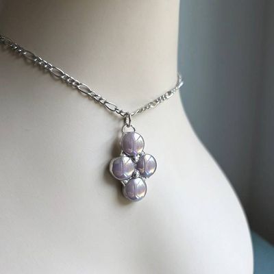 Alternate image for Iridescent Glass Necklace Handmade Pink Aurora Glass Pendant Four Stone Cluster