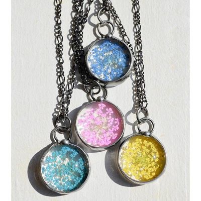 Alternate image for Blue Queen Annes Lace Necklace, Handmade Real Pressed Flower Botanical Glass Pendant