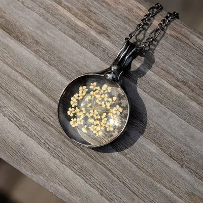 Alternate image for Blue Queen Annes Lace Necklace, Handmade Real Pressed Flower Botanical Glass Pendant