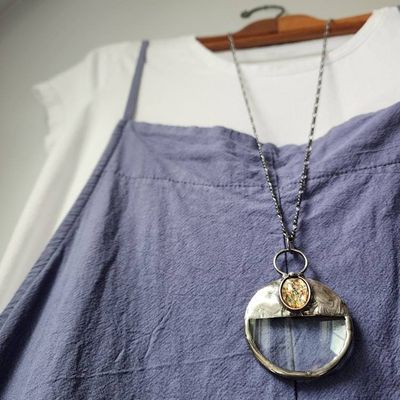 Alternate image for Magnifying Glass Necklace, Handmade Textured Metal Reading Pendant, Artisan Magnifier