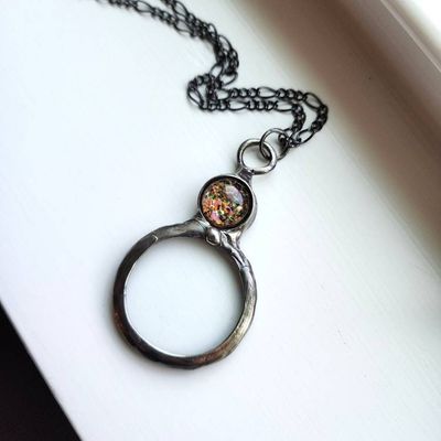 Alternate image for Magnifying Glass Necklace, Handmade Artisan Magnifier Pendant, Multicolored Iridescent Glass Accent
