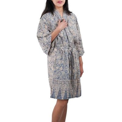Image for Hand Dyed Batik Robe Kimono, 100% Cotton, Gray, Silver Petals