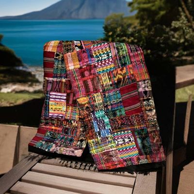 Alternate image for Guatemalan Rose/Mixed Pastel Woven and Embroidered Patchwork Throw Blanket