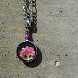 Image for Dainty Pressed Flower Necklace, Handmade Small Pink Heather Charm Pendant