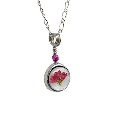Alternate image for Dainty Pressed Flower Necklace, Handmade Small Pink Heather Charm Pendant