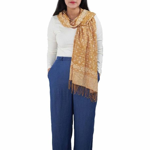 Alternate image for Handmade Batik Scarf, Soft Cotton, Frangipani, Kamboja, Yellow, Brown, Cream, Fall, Autumn