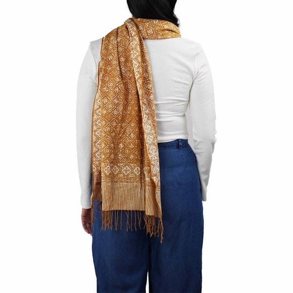 Alternate image for Handmade Batik Scarf, Soft Cotton, Frangipani, Kamboja, Yellow, Brown, Cream, Fall, Autumn
