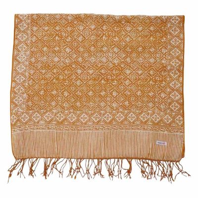 Alternate image for Handmade Batik Scarf, Soft Cotton, Frangipani, Kamboja, Yellow, Brown, Cream, Fall, Autumn