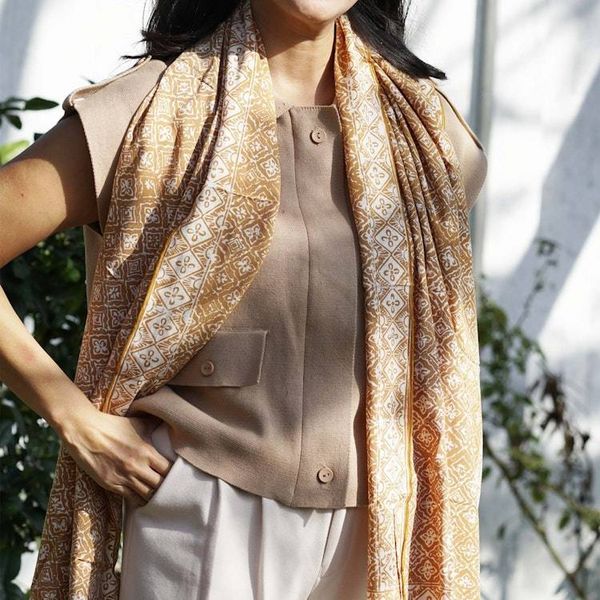 Alternate image for Handmade Batik Scarf, Soft Cotton, Frangipani, Kamboja, Yellow, Brown, Cream, Fall, Autumn