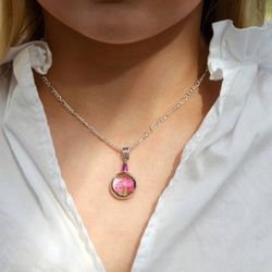 Image for Dainty Pressed Flower Necklace, Handmade Small Pink Heather Charm Pendant