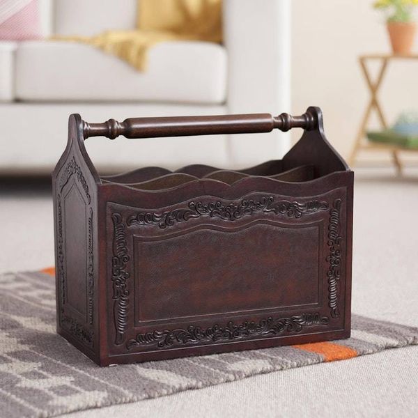 Alternate image for Hand Crafted Colonial Leather Wood Magazine Rack Furniture Gracious Home