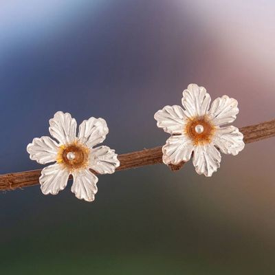 Primary image for Natural Citrine and Sterling Silver Floral Button Earrings Sunshine Tiliaceus