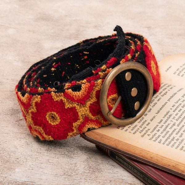 Alternate image for Chakana-Themed Red and Black 100 Wool Belt from the Andes Chakana Fire