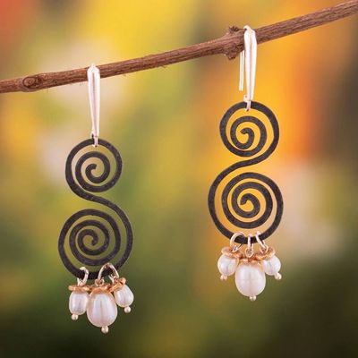 Alternate image for Cultured Pearl Spiral Dangle Earrings with Golden Accents Pearly Hypnosis