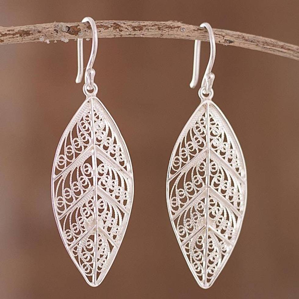 Sterling Silver Filigree Leaf Dangle Earrings from Peru 'Spiritual Leaves'