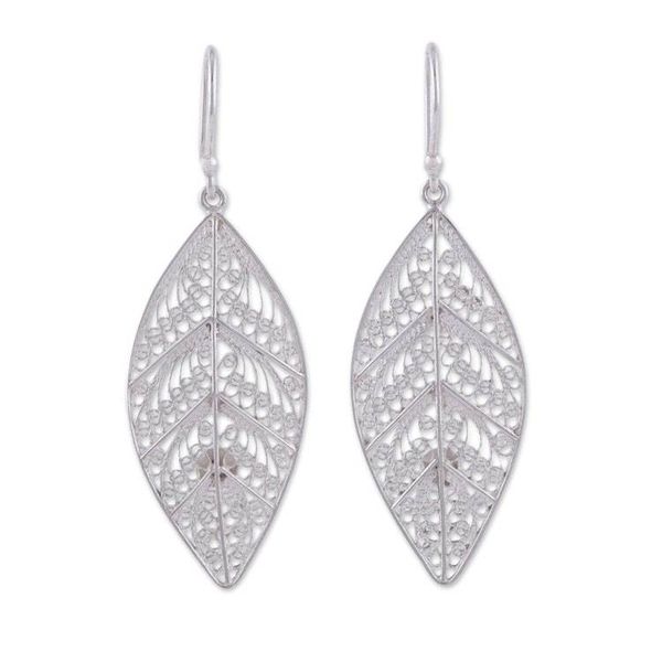 Alternate image for Sterling Silver Filigree Leaf Dangle Earrings from Peru Spiritual Leaves
