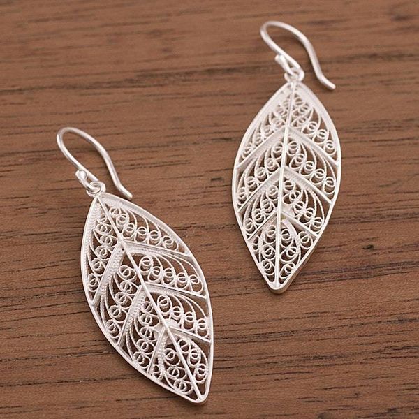 Alternate image for Sterling Silver Filigree Leaf Dangle Earrings from Peru Spiritual Leaves