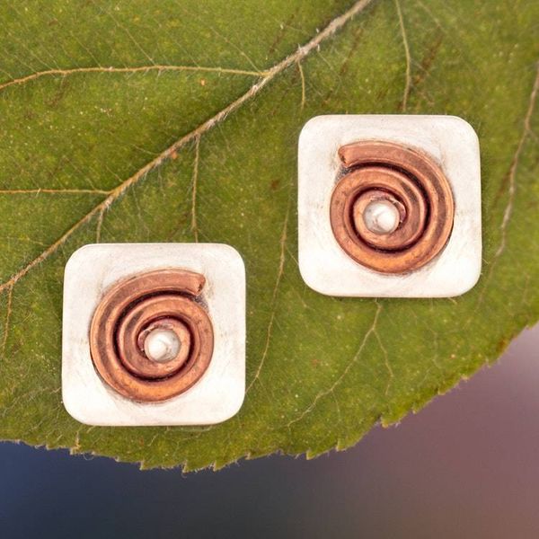 Alternate image for Button Earrings with Sterling Silver and Copper Spatial Dimensions