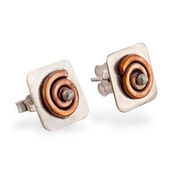 Alternate image for Button Earrings with Sterling Silver and Copper Spatial Dimensions