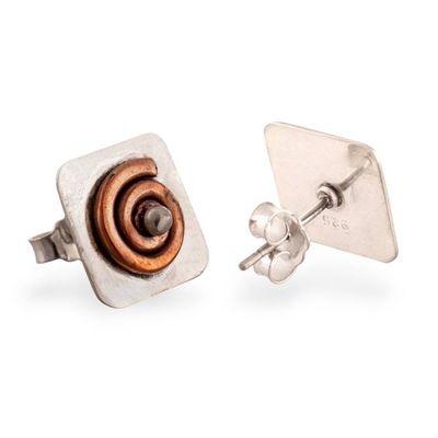 Alternate image for Button Earrings with Sterling Silver and Copper Spatial Dimensions