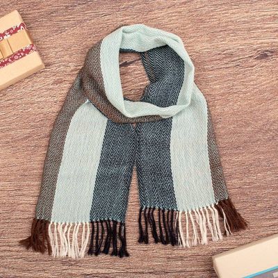 Primary image for Fringed Aquamarine and Navy 100 Alpaca Scarf Woven in Peru Ocean Threads