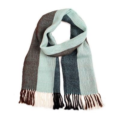 Alternate image for Fringed Aquamarine and Navy 100 Alpaca Scarf Woven in Peru Ocean Threads