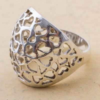 Primary image for Sterling Silver Cocktail Ring with Openwork Hearts from Peru Little Hearts