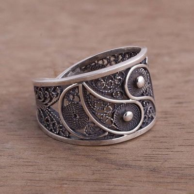 Alternate image for Artisan Crafted Fine Silver Filigree Ring Dark Paisley