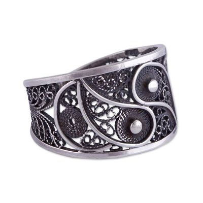 Alternate image for Artisan Crafted Fine Silver Filigree Ring Dark Paisley