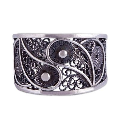 Alternate image for Artisan Crafted Fine Silver Filigree Ring Dark Paisley