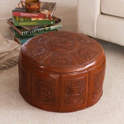 Primary image for Fair Trade Traditional Leather Pouf Ottoman Cover Inca Light