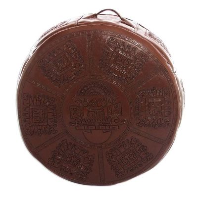 Alternate image for Fair Trade Traditional Leather Pouf Ottoman Cover Inca Light