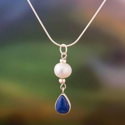 Alternate image for Silver Pendant Necklace with Lapis Lazuli and Cultured Pearl Depths of the River