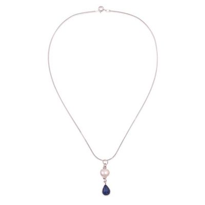 Alternate image for Silver Pendant Necklace with Lapis Lazuli and Cultured Pearl Depths of the River