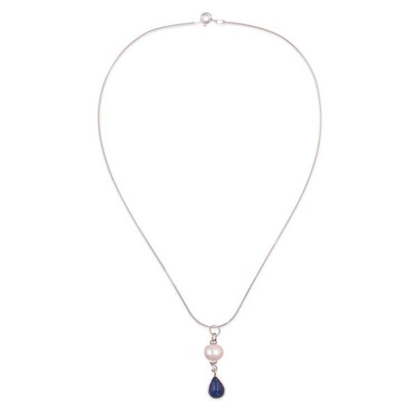 Alternate image for Silver Pendant Necklace with Lapis Lazuli and Cultured Pearl Depths of the River