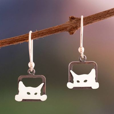 Alternate image for Peeking Cat-Themed Polished Darkened Silver Dangle Earrings Curious Kittens