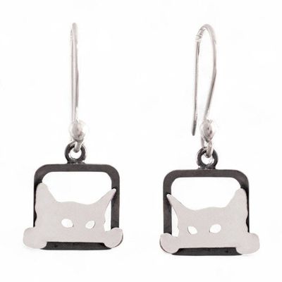 Alternate image for Peeking Cat-Themed Polished Darkened Silver Dangle Earrings Curious Kittens