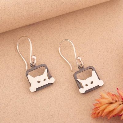 Alternate image for Peeking Cat-Themed Polished Darkened Silver Dangle Earrings Curious Kittens