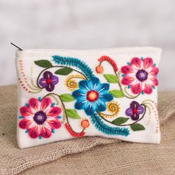 Image for Floral Embroidered Alpaca Blend Clutch in Eggshell from Peru Vibrant Flowers