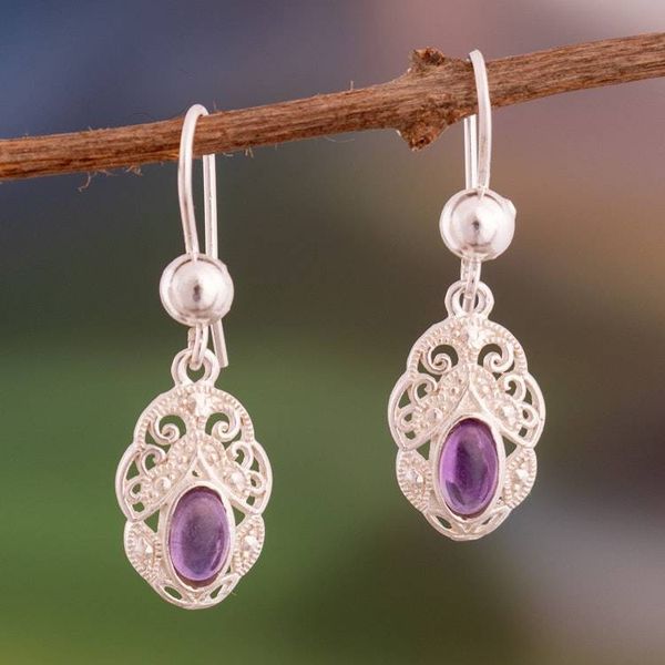 Alternate image for Classic Polished Natural Amethyst Cabochon Dangle Earrings Antique Whispers