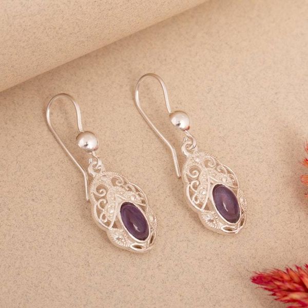 Alternate image for Classic Polished Natural Amethyst Cabochon Dangle Earrings Antique Whispers