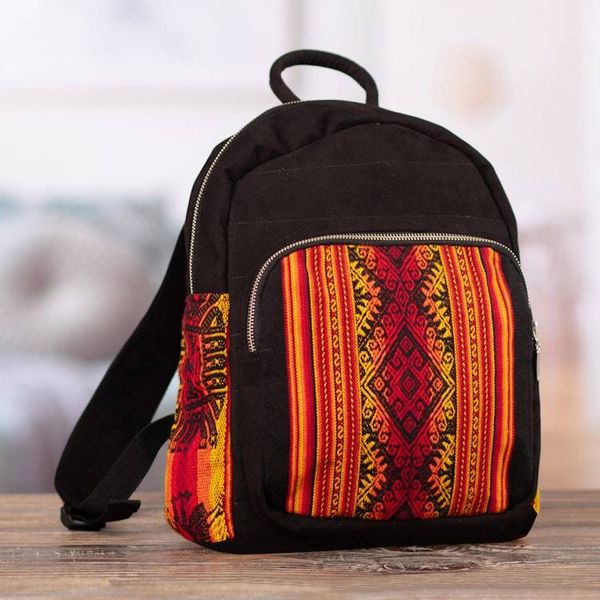 Alternate image for Inca-Inspired Orange and Black Cotton and Wool Backpack The Nasturtium Empire