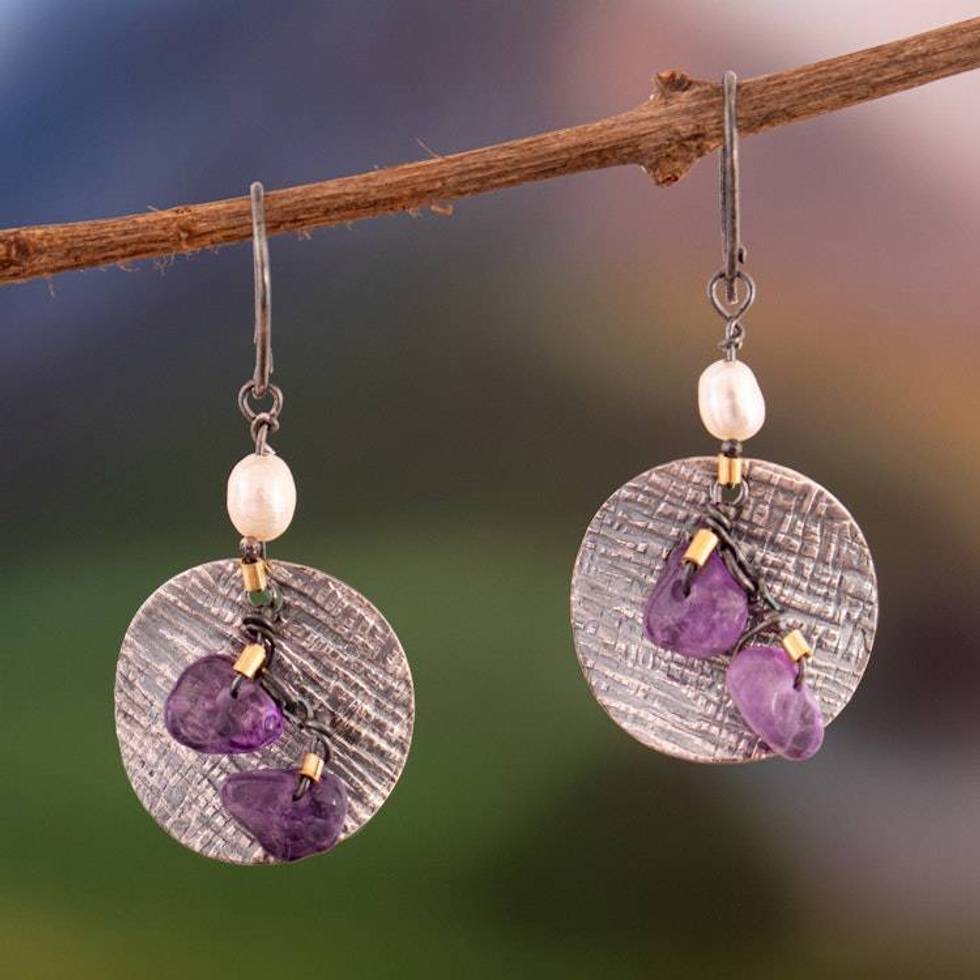 Amethyst and White Cultured Pearl Dangle Earrings from Peru 'Lights of Wisdom'