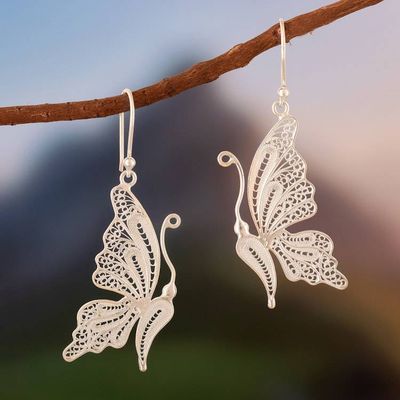Primary image for Unique Fine Silver Dangle Filigree Earrings White Butterfly