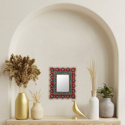 Alternate image for Red and Blue Reverse-Painted Glass Mirror Cusco Blossoms in Red