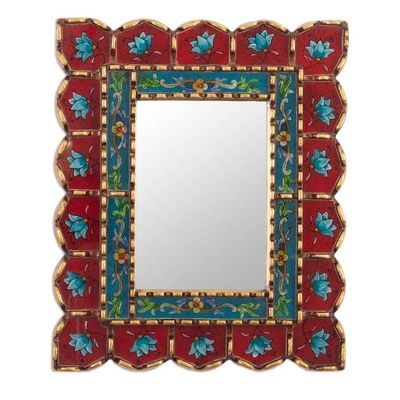 Alternate image for Red and Blue Reverse-Painted Glass Mirror Cusco Blossoms in Red