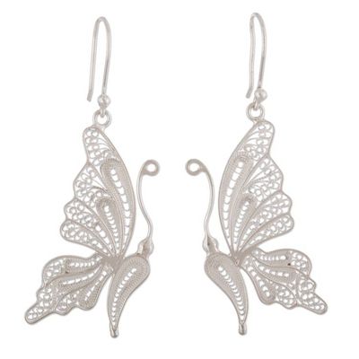 Alternate image for Unique Fine Silver Dangle Filigree Earrings White Butterfly