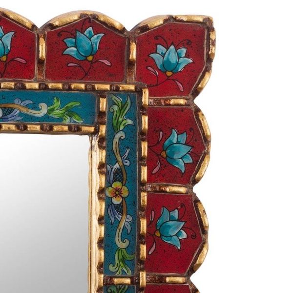Alternate image for Red and Blue Reverse-Painted Glass Mirror Cusco Blossoms in Red